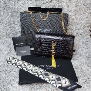 Saint Laurent Black and Gold Shoulder Bag with Croc-Embossed Detail